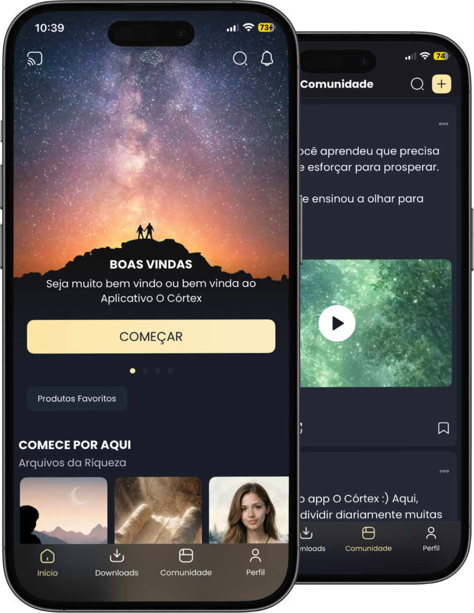 Telas do aplicativo O Córtex: boas-vindas, conteúdos e comunidade